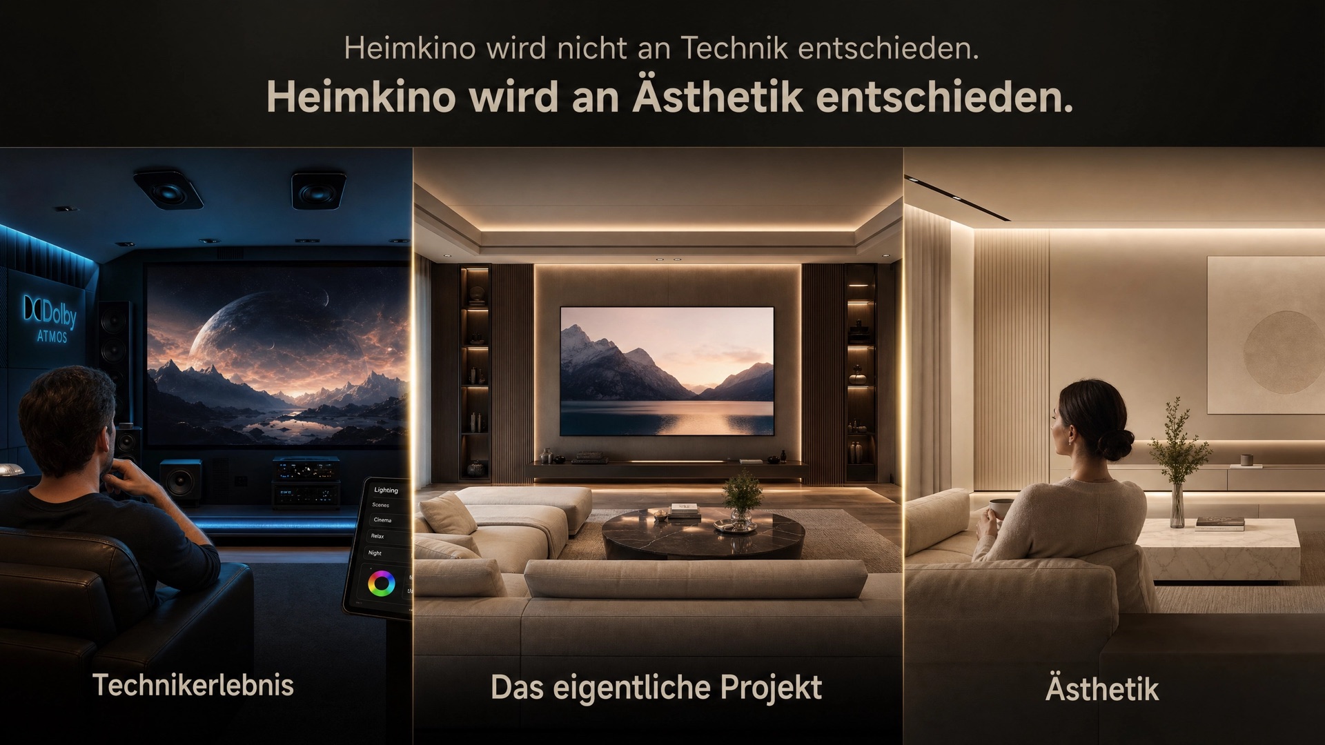 Infografik: Heimkino-Split-Screen — Technik vs. Ästhetik
